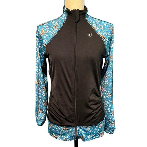 Eleven by Venus Williams Activewear Jacket Black Rouched Blue Crane Print Small - Picture 1 of 12